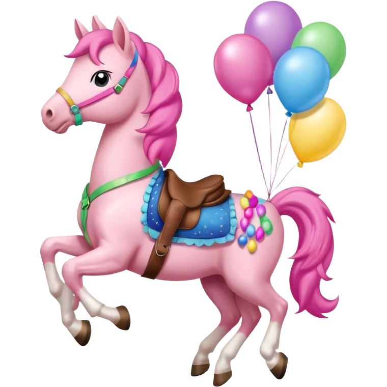 pinky pie mlp holding colorful balloons tied to its saddle, looking cheerful. emoji