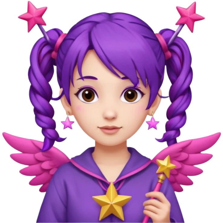 Create an emoji of a fairy-like woman with purple hair tied into two pigtails, red stars in her hair, wearing a pink outfit and pink wings. She is holding a pink star-shaped wand and wearing purple circular earrings. emoji