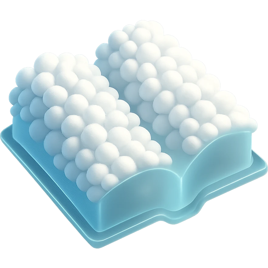 top view of a thick open book made entirely of small, very bright white fluffy convex clouds, matte glass style emoji