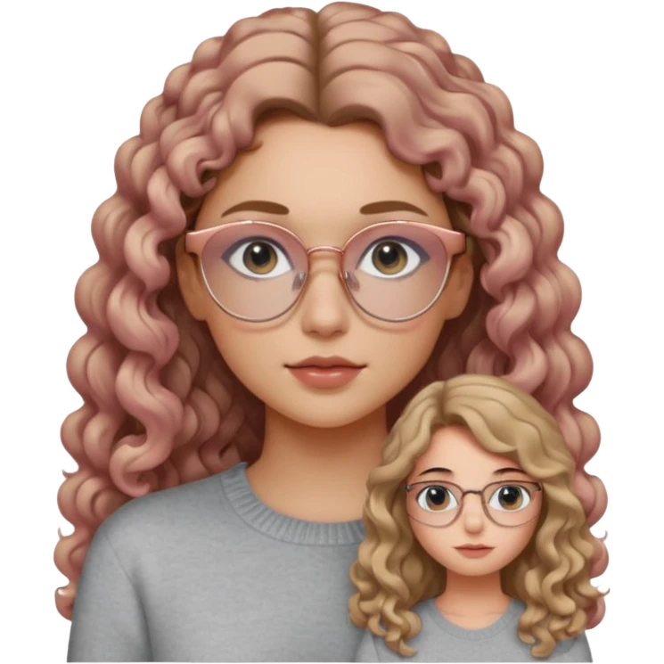 aesthetic white girl with dark blonde, long curly hair , in front of the girl's sholders and black eyes  , light grey sweater top and rose gold glasses emoji