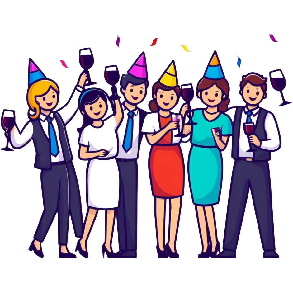 group of happy office workers celebrating with party hats, confetti and wine glasses emoji