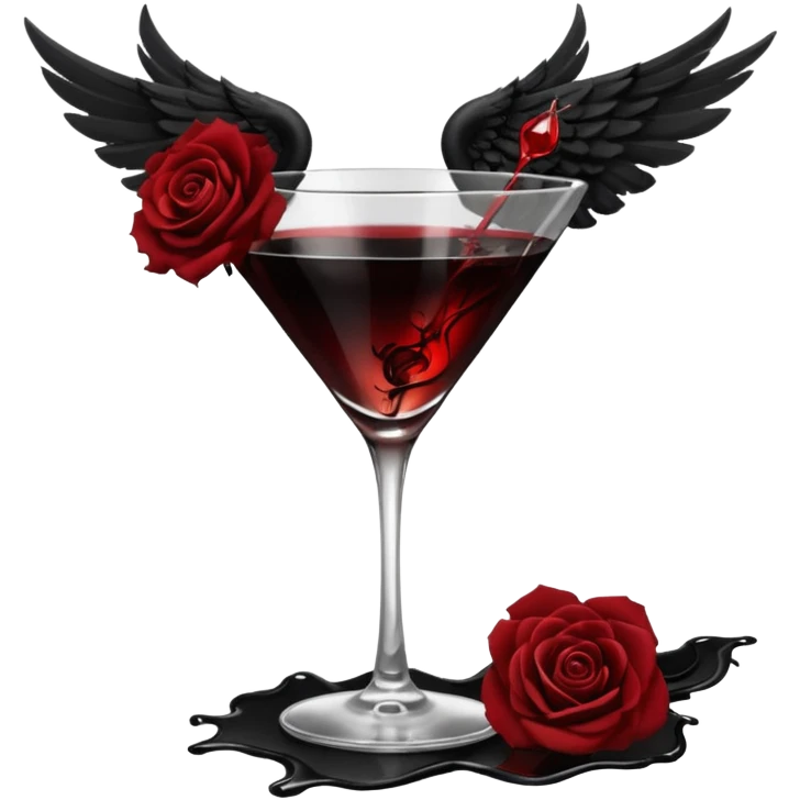 🍸+🍹🖤+🌹 (the liquid is black and one glass with black fallen angel wings)  emoji