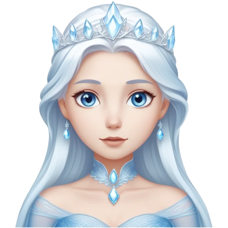 Cinematic Serene Snow Queen Portrait Emoji, rendered in a simplified vector style. Depict a gentle Elsa (chest and above) with delicate icy skin, softly cascading platinum hair, and calm, reflective blue eyes, dressed in her classic ice-blue gown. The image exudes a soft, luminous frosty radiance with high shine and a subtle glowing outline. emoji