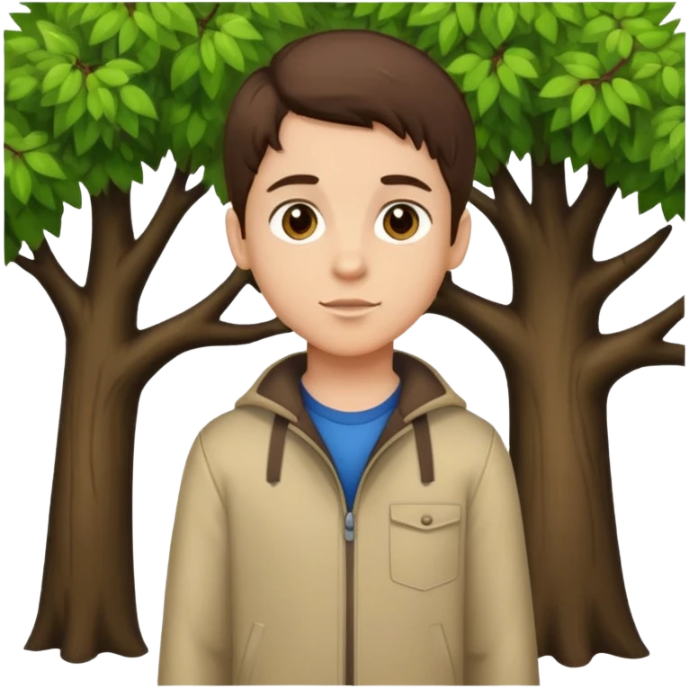 boy with brunette hair brown eyes and tree behind emoji