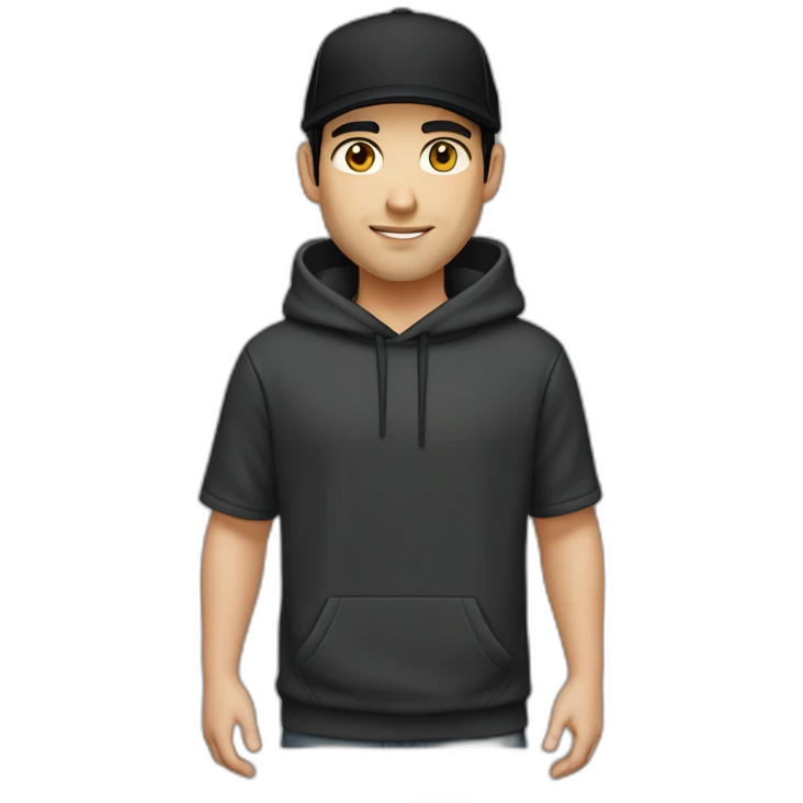 Male caucasian Designer With black hair wearing flat bill hat and black hoodie emoji
