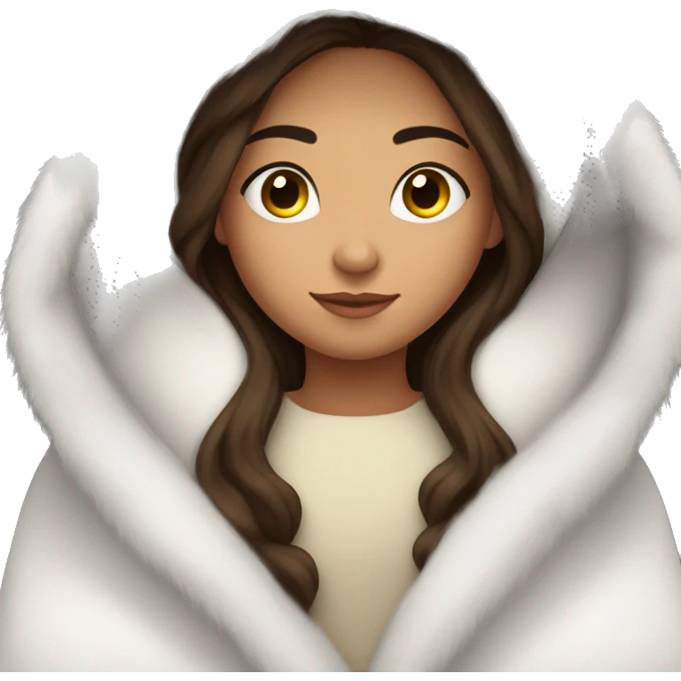white brunett teen cuddled up in a fluffy white blanket emoji
