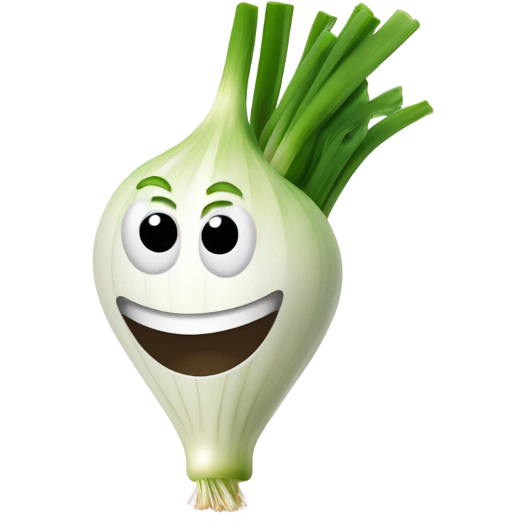 Smiling green onion with a bundle of long, thin green stalks as hair, big expressive eyes, and a cheerful cartoonish face on the white bulb section. Vibrant and playful design. emoji
