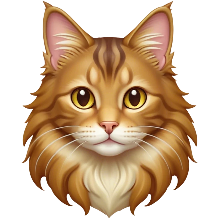Cinematic Cute Maine Coon Cat Portrait Emoji, Head tilted playfully and inquisitively, sleek brown, gold, and cream tones, Simplified yet adorable features, highly detailed, glowing with a warm, friendly glow, high shine, curious and affectionate, stylized with a touch of whimsy, bright and alert, soft glowing outline, capturing the essence of a mischievous yet loving kitten, so endearing it feels like it could pounce out of the screen and play with its fluffy tail swishing! emoji