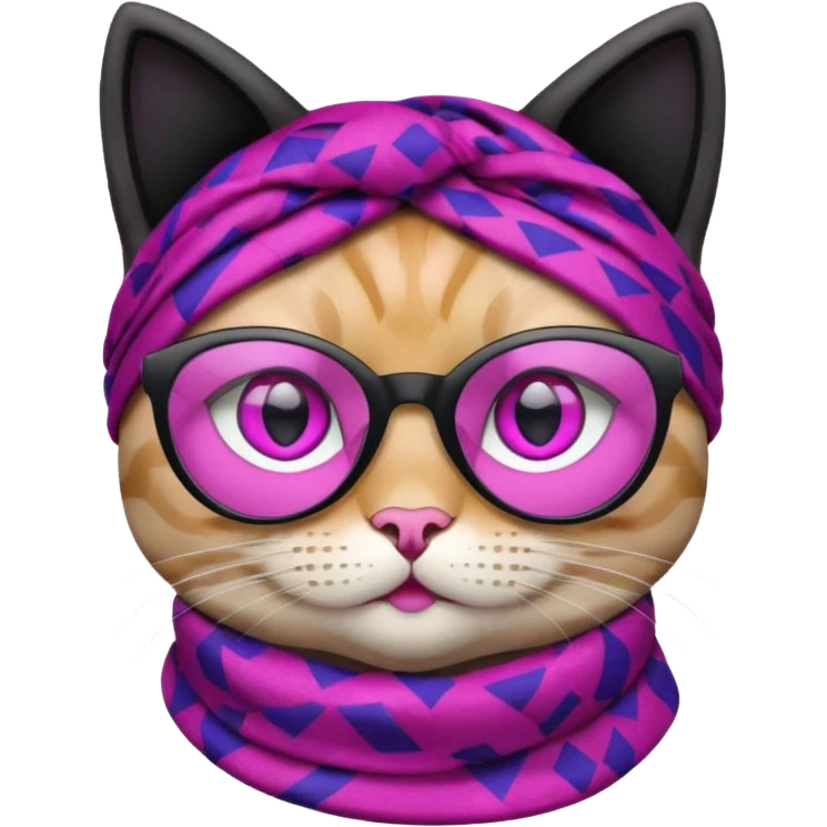 Apple Emoji-style cat head with black fur, tinted purple glasses, pink scarf with a geometric pattern, and large pink eyes. The emoji should only feature the cat's head with no additional body parts. emoji
