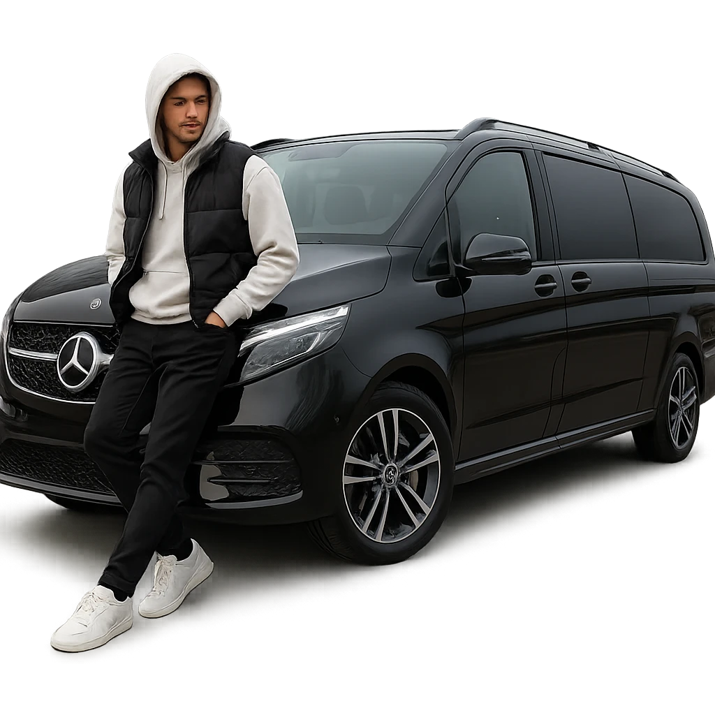 A stylish male character in white sneakers, black pants, white hoodie, black vest, hood up, leaning on a black 2024 Mercedes-Benz V-Class Extra Long 300 d, isolated on a transparent background, full-body, ultra realistic, no text. emoji