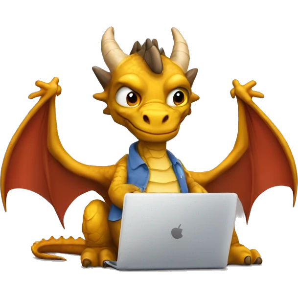 dragon with wings, working on a laptop, wearing a shirt with the words hump day on it, with a cup of coffee in his right hand emoji