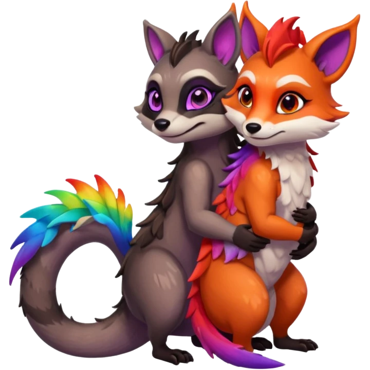 black female raccoon dragon hybrid with rainbow colored wings and purple eyes giving a big hug to a red female fox dragon hybrid with rainbow colored wings and orange eyes emoji