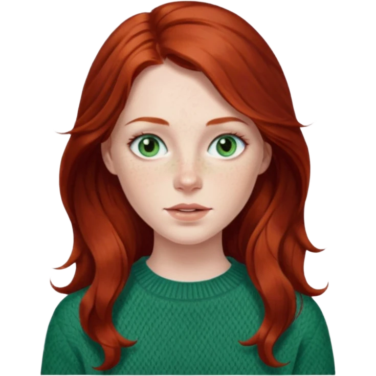 woman with long dark auburn red hair that is mostly straight but has slight waves to it. grey blue eyes. some freckles. wearing a Swedish style sweater that is green. blue grey eyes.  emoji