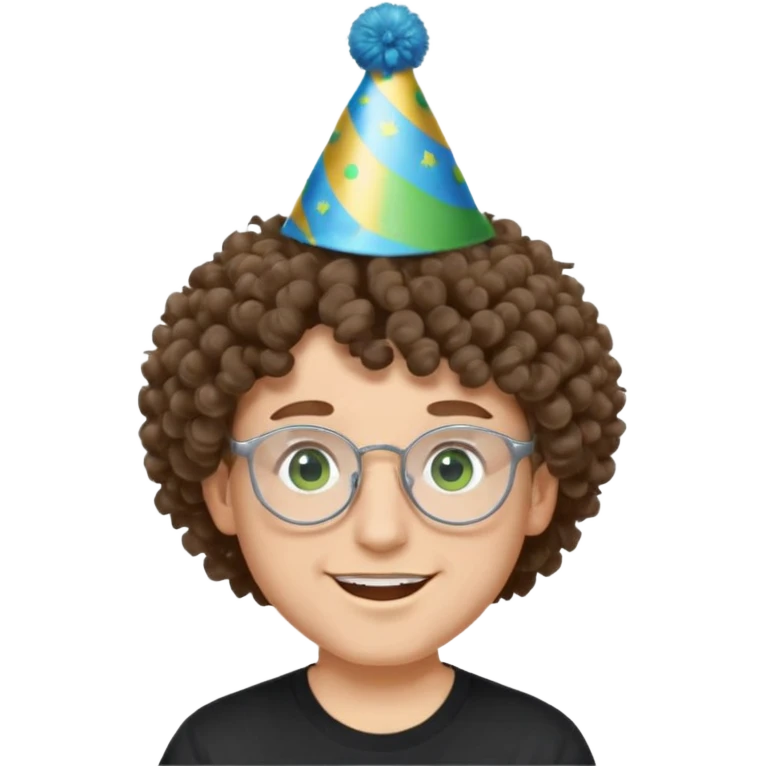 A white guy with curly brown hair and green eyes with a happy face, and wear square glasses.He’s also got a full silver birthday party hat on his head with blue pom poms on top of it, and his T-shirt is all black, he wears a little gold circle earrings on his left  emoji