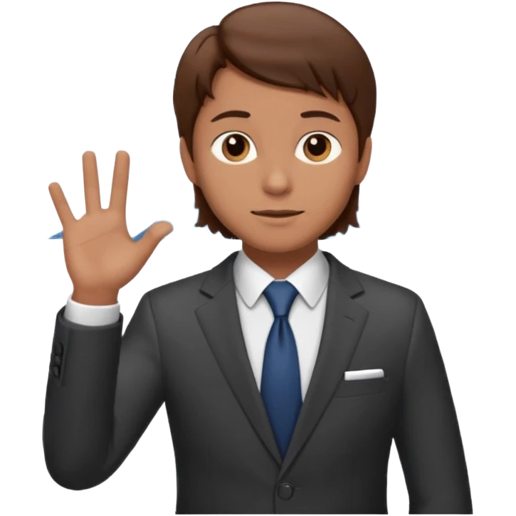 mach mir einen trader an der börse der tradet der so mit einer hand hinter sich deutet um anzug. Aber nur mit einer hand so leicht nach hinten oben und mit braunen haaren emoji