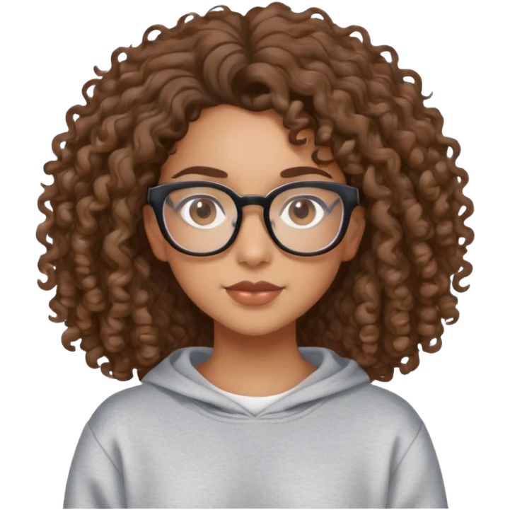 Mixed girl /curly long hair brown / with brown eyes glasses sweat shirt  emoji