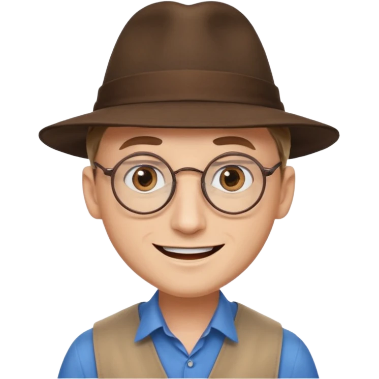 A man with sharp and thin face, brown round glasses, a brown hat and a brown costume with beige chemise  (no blue shirt) (shoulders only), the man has blue eyes and a large smile on his face and menacing eyes. emoji