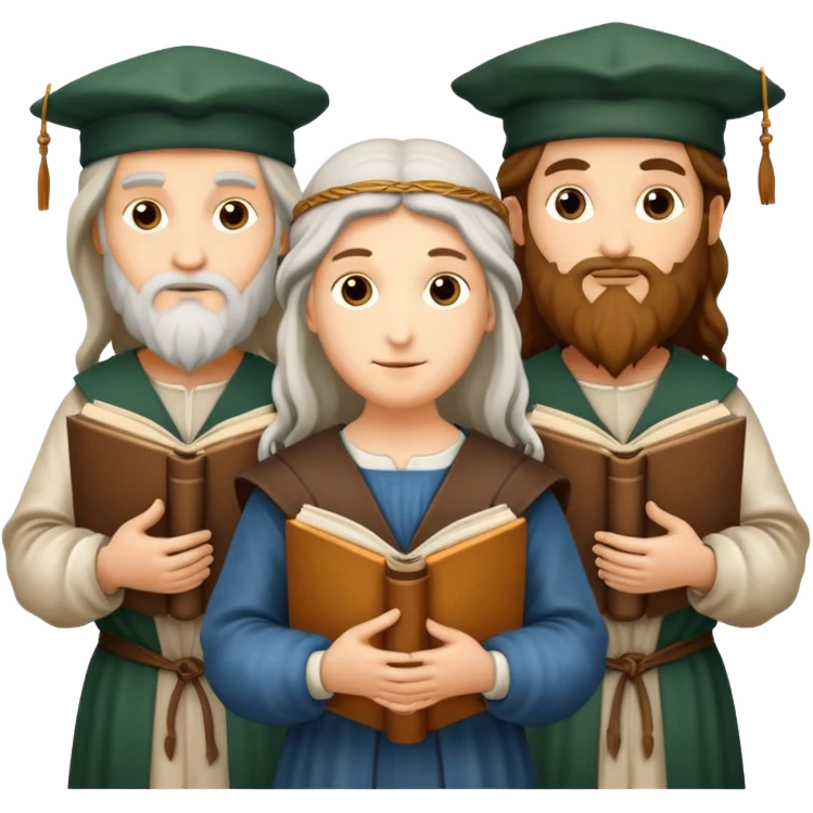 group of famous Renaissance figures like Leonardo da Vinci and Michelangelo with scrolls or books emoji