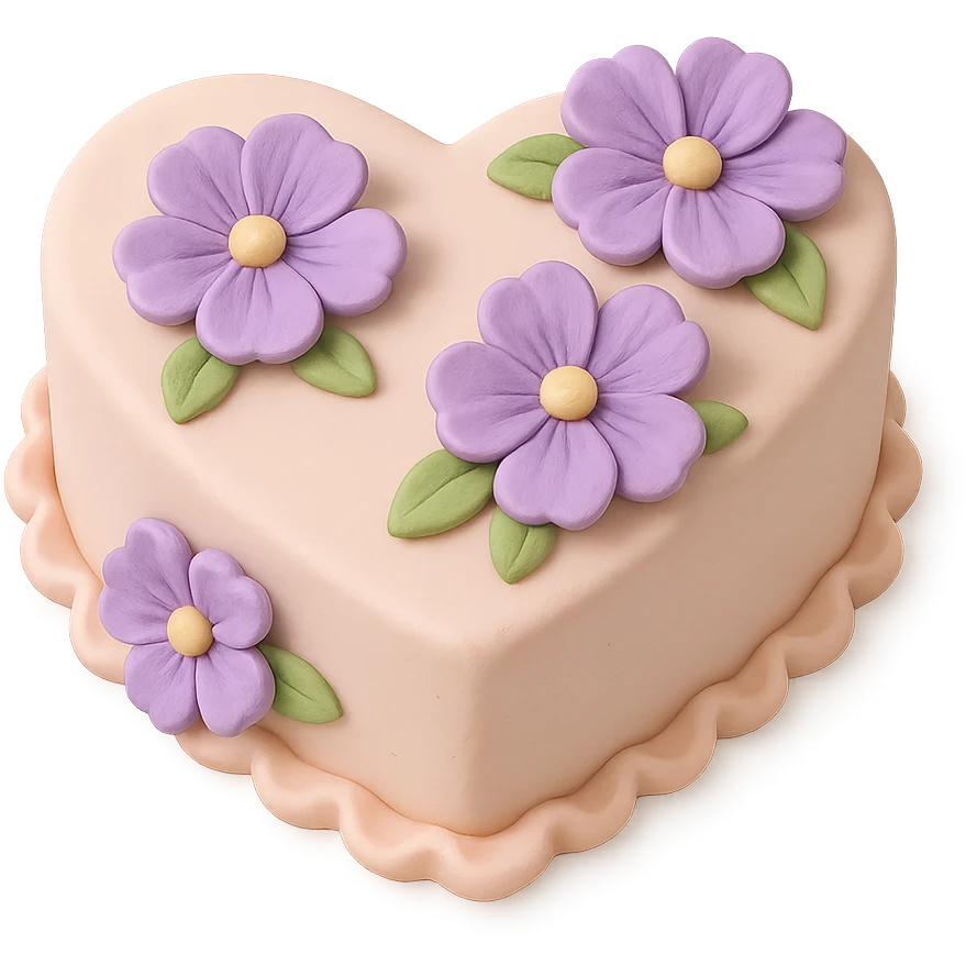 heart-shaped fondant cake with purple flowers emoji