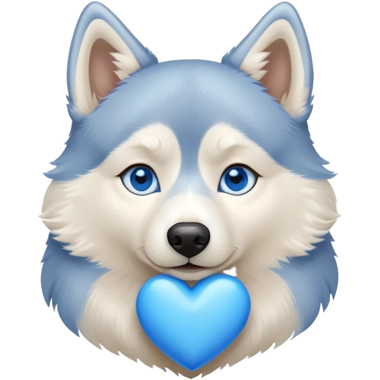 Beige husky with blue eyes holding a blue heart emoji