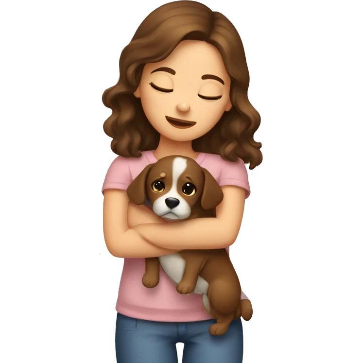Brown hair girl with eyes closed hugging dog emoji
