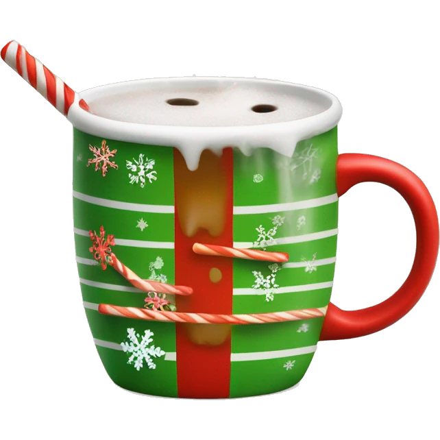 mugs with a hot drink decorated with snowflakes or a striped caramel stick. Steam rises from the mug in the shape of hearts. The color of the mug is warm red or green to convey the New Year mood emoji