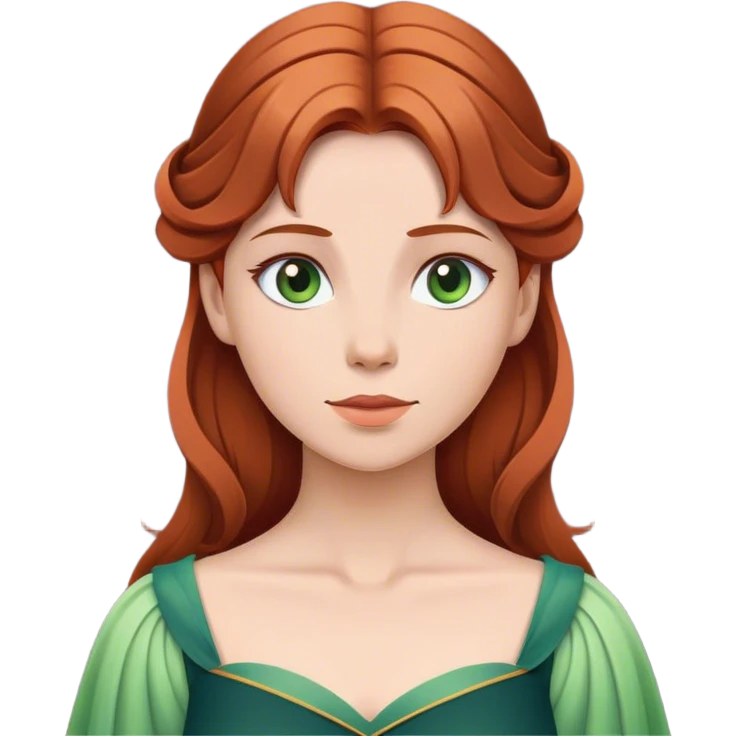 Cinematic Serene Sleeping Beauty Portrait Emoji, rendered in a simplified vector style. Depict a gentle Aurora (chest and above) with fair, glowing skin and softly cascading auburn hair, her expression calm and reflective, dressed in her timeless attire. The image exudes a soft, warm radiance with high shine and a subtle glowing outline. emoji