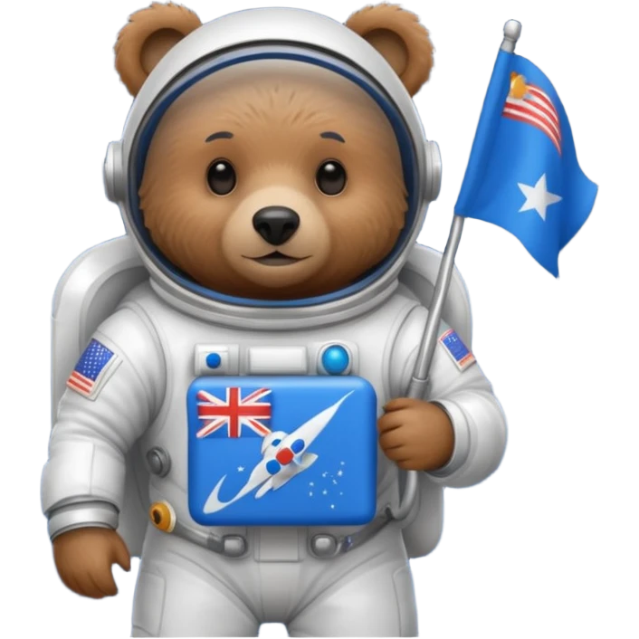 Brown bear in space suit, holding blue rectangle flag emoji