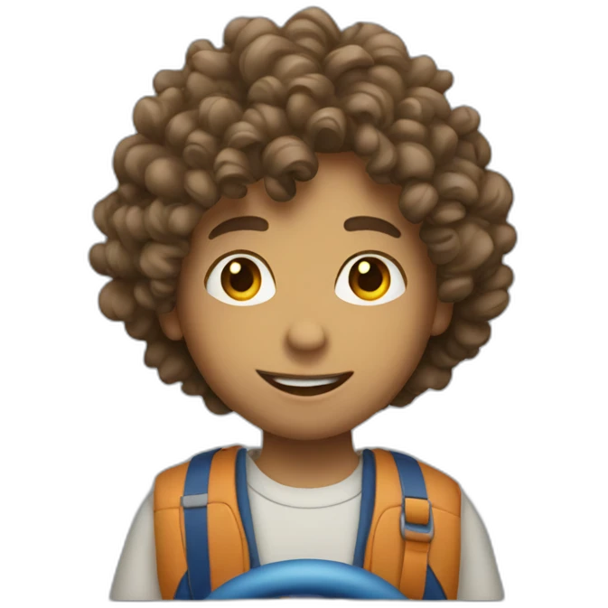 a boy with long curly hair driving a car emoji
