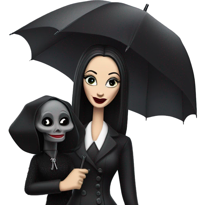 Fun Morticia Addams at a rainy funeral holding umbrella. funeral mask,gloves, small purse.Gal on the Go Barbie  emoji
