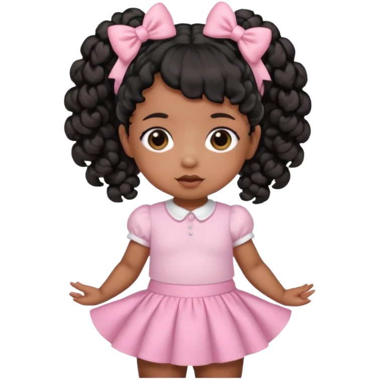 a brown skin baby with curly hair and a baby pink skirt and baby pink bows with her hair in pigtails and black hair emoji