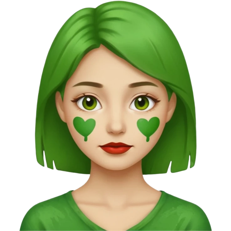 woman with green paint on her face, neutral expression, apple style emoji emoji