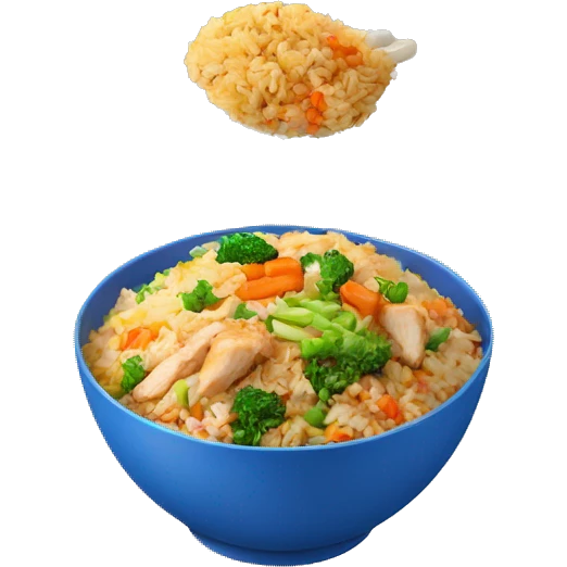 Fried rice with chicken and vegetables in a blue bowl emoji