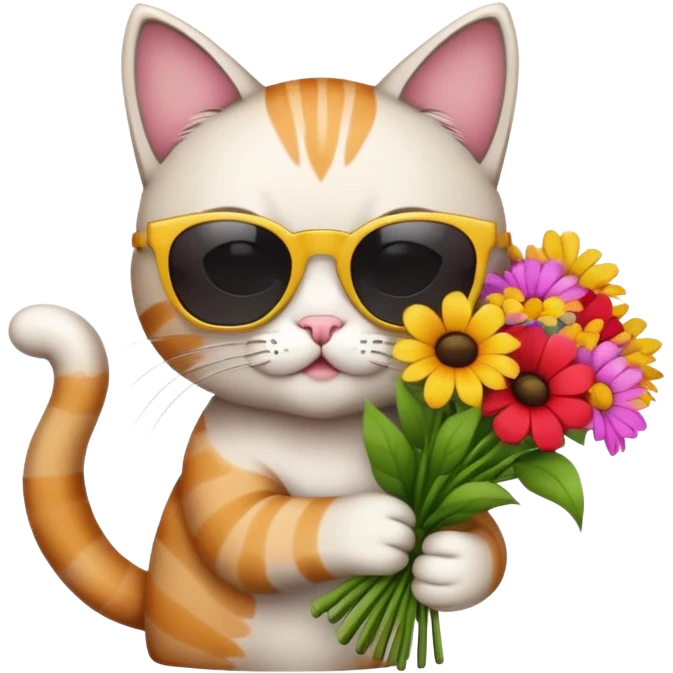 cat wearing sunglasses holding a bouquet of flowers emoji