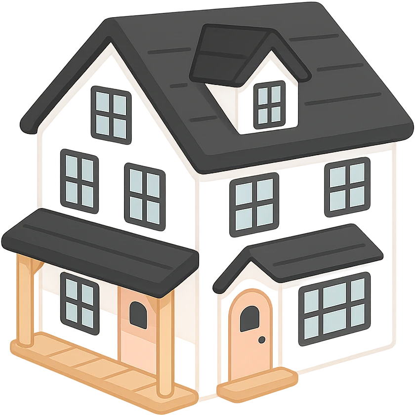 modern farmhouse dollhouse, white with black trim and wooden accents, 3d isometric  emoji