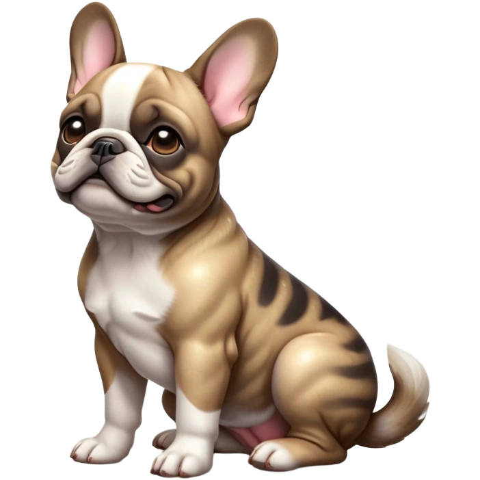cinematic-[french bulldog]-realistic-full-body-sitting-emoji,-tail-resting-loosely-beside-its-paws,-head-tilted-dramatically,-sleek-[pied brindle]-fur,-simplified-yet-realistic-focused-features,-highly-detailed,-glowing-with-an-almost-sarcastic-glow emoji