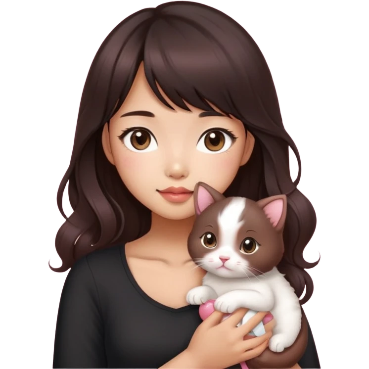 Asain girl with pink blush, wearing a black skinny top, long dark brown curled hair with straight bangs. Carrying a white kitten and a brown sausage puppy.  emoji