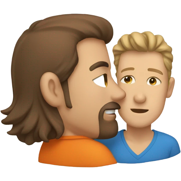 Two white guys kissing, brown hair, one orange shirt, one blue shirt emoji