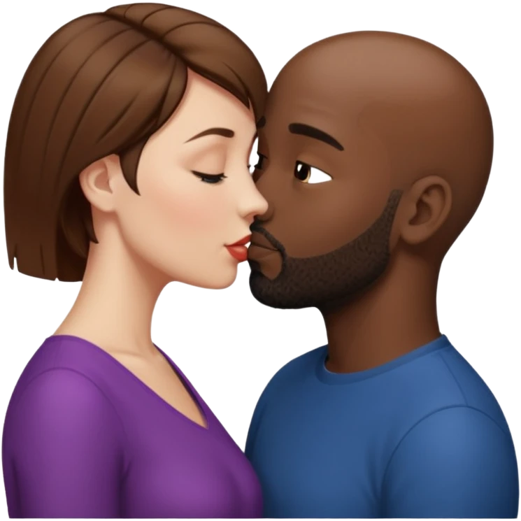 a white woman with short brown hair and a black man with no hair and a beard are facing one each other.  The woman is giving a kiss to the man's forehead emoji