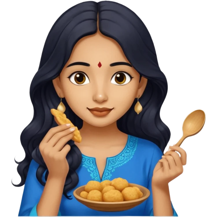 a pretty tan indian bratz girl with wavy long BLACK hair. eyeliner on, wearing a blue kurti, eating golgappa (without spoon) emoji