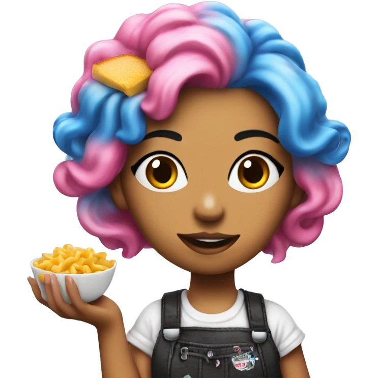 Punk girl with blue and pink hair puts ketchup on Mac n cheese emoji