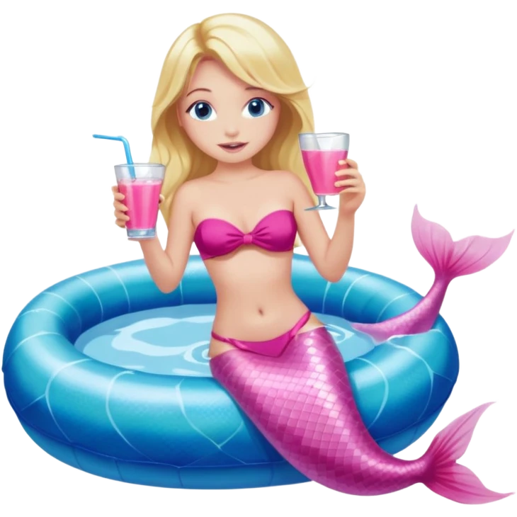 woman who is a mermaid with blonde hair and blue eyes sitting in a pink pool tube in a blue pool sipping a drink wearing a pink bikini top and a pink mermaid tail  emoji