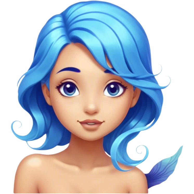Cinematic Realistic Blue Hair Mermaid Portrait, head tilted playfully and inquisitively, showcasing a delicate, tropical form with finely detailed, flowing blue hair contrasting beautifully against her sun-kissed tanned skin. Her bright, curious eyes sparkle like sea gems under warm filtered light, rendered with lifelike clarity and soft underwater illumination—capturing the essence of a spirited mermaid poised to dance playfully amidst coral reefs. emoji