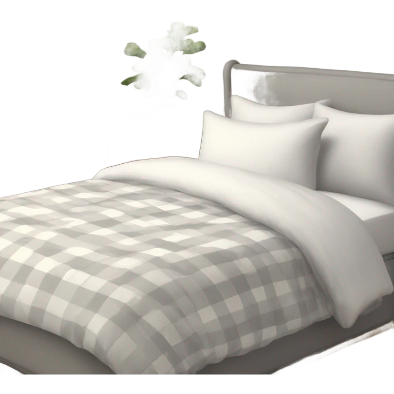 light grey bed with white and cream gingham sheets emoji