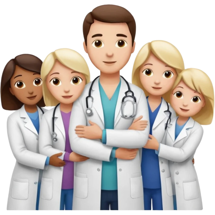 smedico abraçando varios pacientes, ele usando jaleco, e os pacientes usando roupas comuns emoji