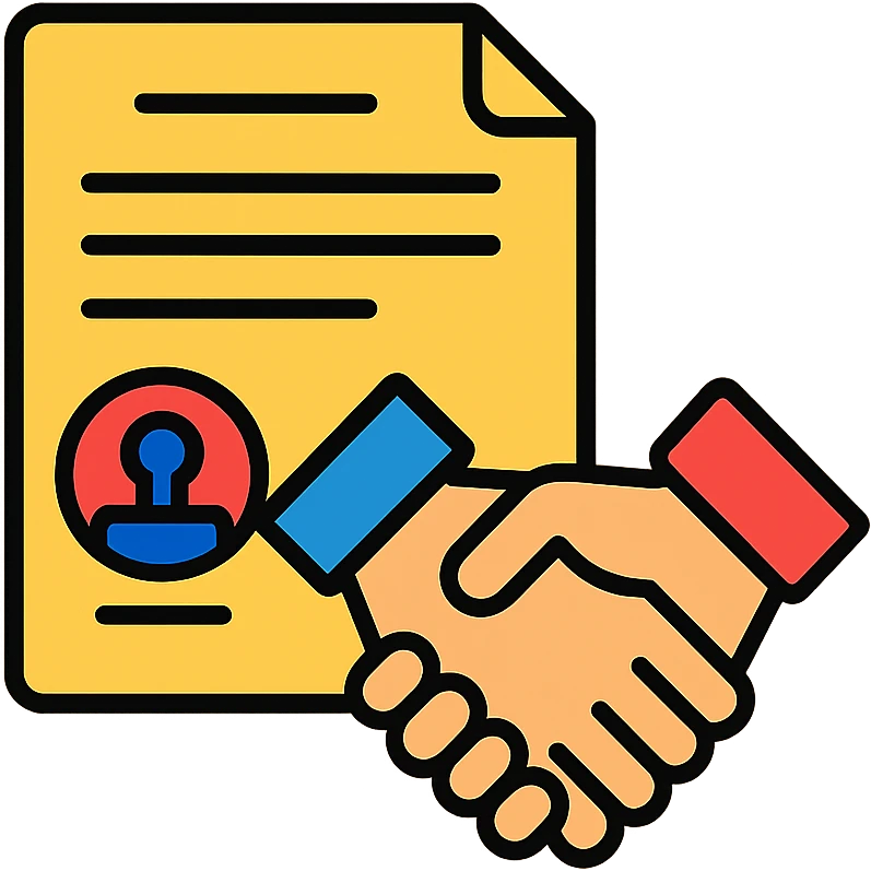 Contract document with official stamp and handshake - representing Commande Publique emoji
