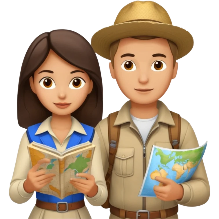 Russian man and elegant Latina girl in adventure outfits with a map planning a trip emoji