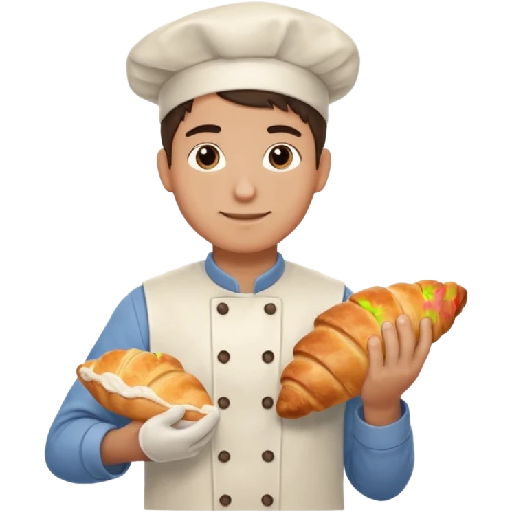 Young male baker – holding a croissant, flour on clothes

 emoji