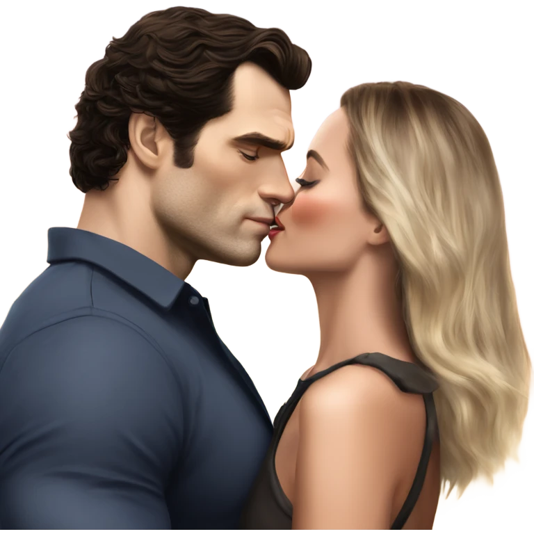 realistic photo of Henry Cavill kissing a beautiful female model while touching her cheek emoji