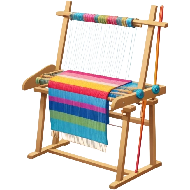 Create an icon that represents the hobby of weaving. The design should include a loom, threads, and a partially woven fabric, along with a piece of colorful fabric and sewing patterns. Include a representation of finished clothing, like a simple shirt or dress, made from the woven fabric. The composition should feel balanced and harmonious, reflecting the creative and intricate process of weaving and sewing. The background should be transparent. emoji